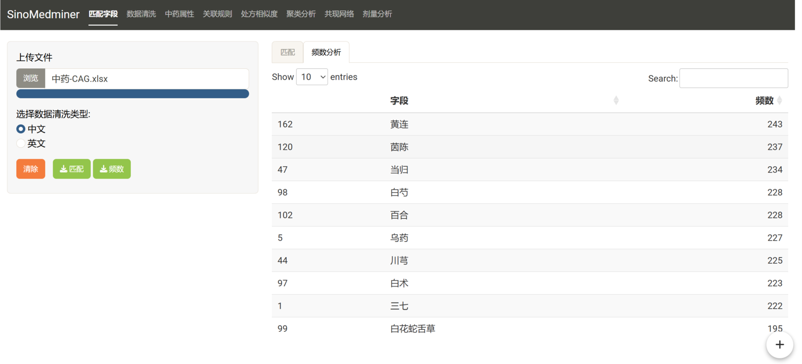 字段频数统计页面截图